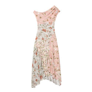 1P STUDIO 赵昭仪同款 斜肩拼接碎花连衣裙女秋冬收腰无袖长裙子