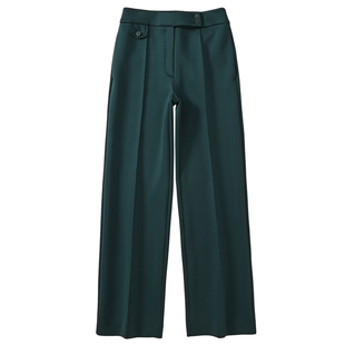 欧美小众高腰直筒显瘦舒适柔软带褶裥和装饰纽扣休闲女裤长裤