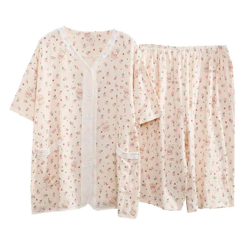 V领花边纯棉纱布大码睡衣女夏季
