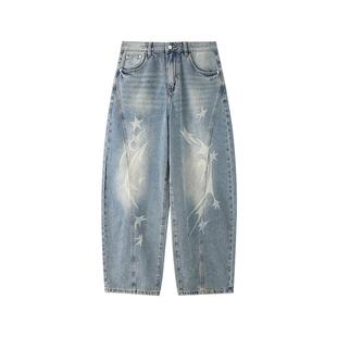 三福2026夏季新款牛仔裤男星星印花分割解构潮流直筒长裤裤子