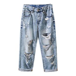 2025新款破洞hiphop美式乞丐牛仔裤男款秋季纯棉宽松直筒阔腿长裤