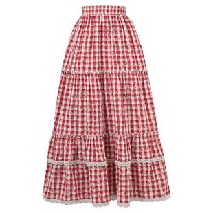 森女部落森系田园风裙子红色格子半裙小个子多巴胺长裙半身裙女夏