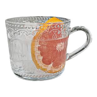 复古浮雕玻璃杯高颜值咖啡杯带盖勺子家用燕麦牛奶把手杯早餐杯子