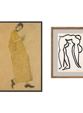 Egon Schiele 表现主义明黄色复古人物抽象客厅餐厅玄关双联小幅