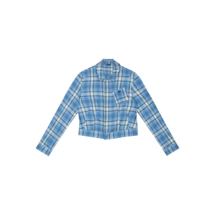 oneup复古蓝色格子衬衫外套女春季小个子通勤纯棉长袖短款衬衣
