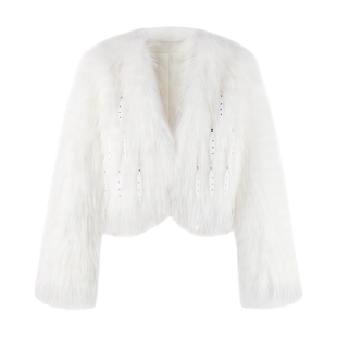 MISSCOCOON可可尼白色短外套女2025冬季新款宽松钉珠貉子毛皮草