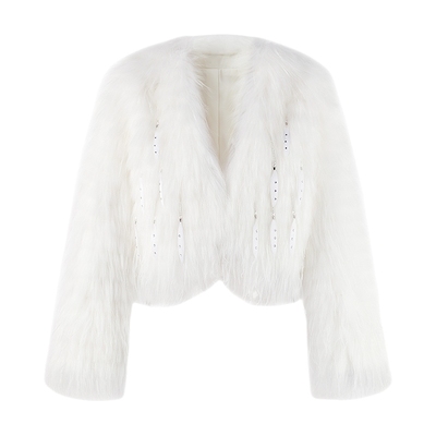 MISSCOCOON可可尼白色短外套女2025冬季新款宽松钉珠貉子毛皮草