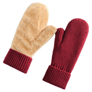 红色分指手套女冬保暖加绒加厚学生针织毛线包指连指东北手袜男