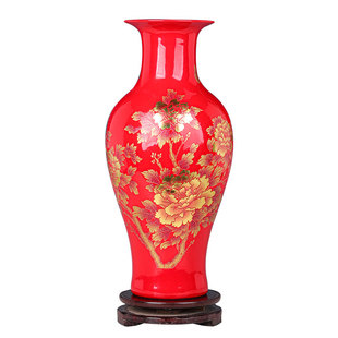 新中式红色陶瓷花瓶客厅装饰摆件一对结婚插花瓶喜庆家居工艺品瓷