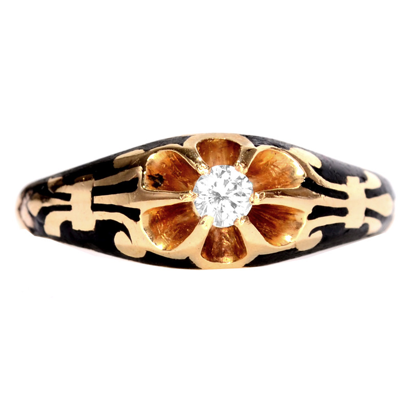SOLD 精灵西洋古董珠宝∮1918年Art deco14K黄金珐琅钻石铭文戒指