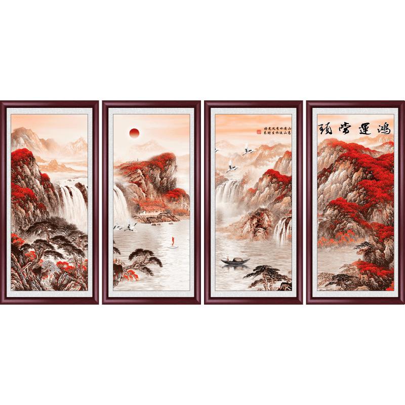 鸿运当头国画四联山水壁画
