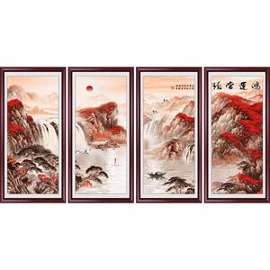 鸿运当头国画四联山水壁画