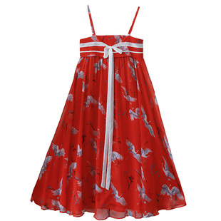 【仙鹤容止】复古汉服开衫改良齐胸吊带连衣裙女夏季雪纺印花套装