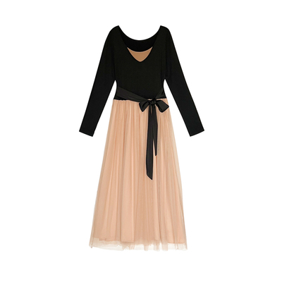 米米子微胖大码胖mm“薄雾晚秋”撞色拼接假两件显瘦网纱连衣裙冬