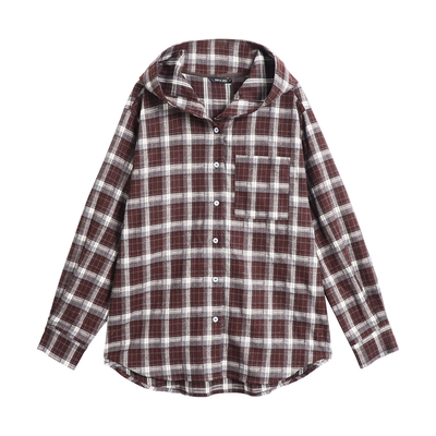 NEVA HU 潮汐象限 复古磨毛格子连帽衬衫外套女宽松休闲格纹衬衣