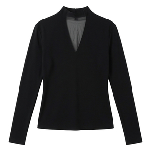 黑色网纱拼接半高领打底衫女春秋新款内搭修身显瘦纯欲性感上衣