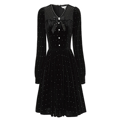 花儿开了2025秋季新款法式丝绒拼接网纱连衣裙女V领气质风公主裙