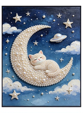 2026新款珍珠画星月小猫DIY手工钻石贴画高级材料客厅装饰画摆件