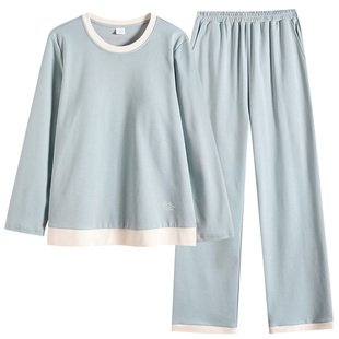 睡衣女款带胸垫一体纯棉春秋款长袖圆领套头休闲可外穿家居服套装