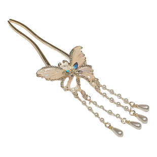 超仙蝴蝶流苏U型发簪女高级感盘发簪子后脑勺步摇古风发钗子头饰