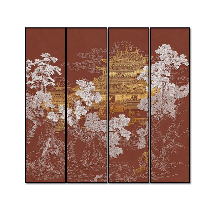 新中式山水楼阁挂画背景墙装饰画
