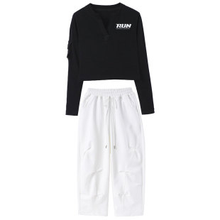 女童爵士舞走秀长袖上衣露脐白色裤子套装少儿表演服装2025新款潮