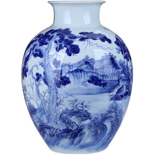 景德镇创意手绘溪山秋韵青花瓷花瓶摆件中式客厅大号插花陶瓷摆设