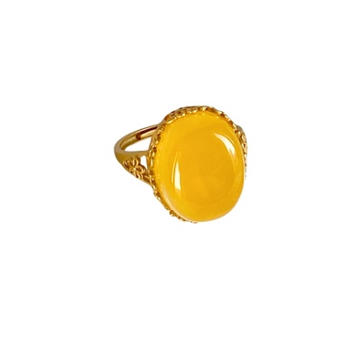 纯银蜜蜡电镀古法金戒指天然琥珀