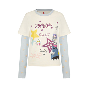 Double L2 美式复古卡通趣味印花假两件长袖T恤女春新款慵懒上衣