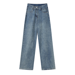 蓝色直筒牛仔裤女春季新款大码胖mm宽松显瘦窄版梨型身材阔腿裤子