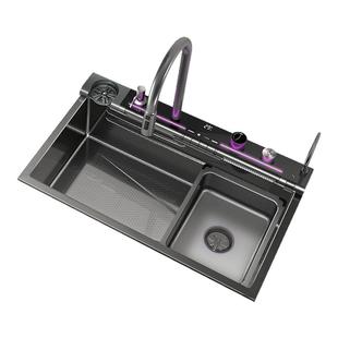 四季沐歌厨房水槽大单槽飞瀑氛围数显纳米蜂窝纹304不锈钢洗菜盆