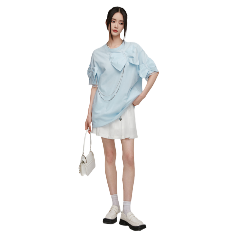 【ANY SPOOR】小众设计师蓝色扎花中长款T恤女2023新款73BA83