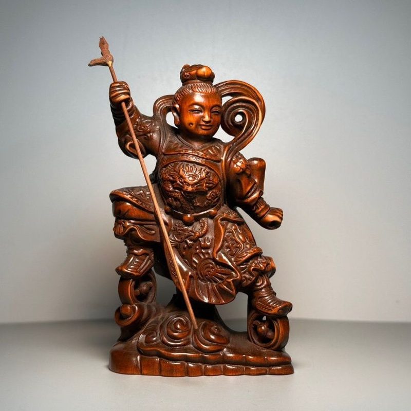 旧藏黄杨木雕仿古哪吒三太子神像摆件车载办公装饰摆件实木工艺品