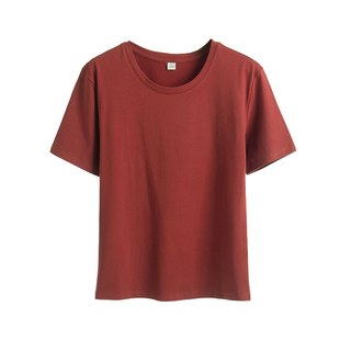 砖红色港式落肩中袖宽松圆领纯棉t恤女短袖夏季2026新款上衣胖mm