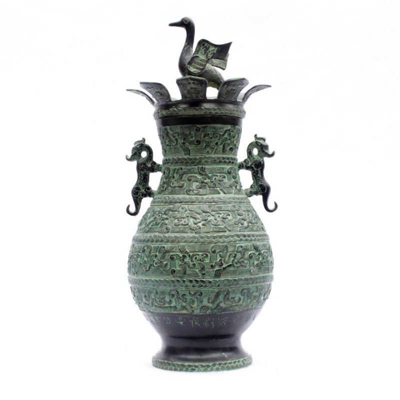 仙鹤展翅圆壶插花双虎仿古青铜器