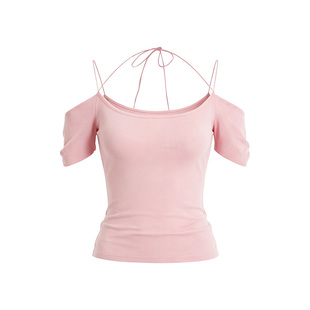 PynkiSwear 莱赛尔绵羊毛混纺 挂脖露肩修身T恤女一字肩微透上衣