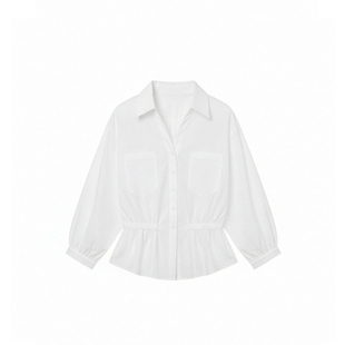 衬衫女2026早春白色翻领设计感短款五分袖收腰衬衫女灯笼袖上衣