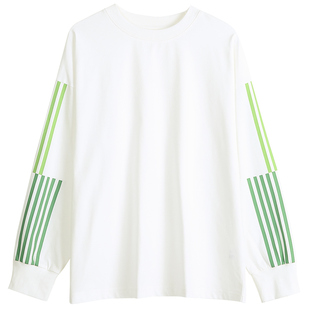 云上生活【汽水Tee】条纹印花凉感索罗娜圆领长袖T恤春秋白t上衣