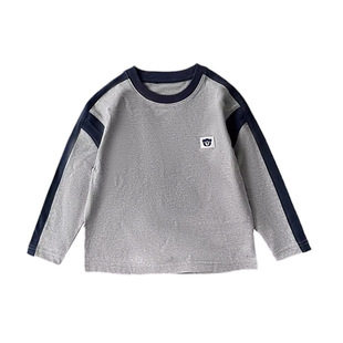 男童长袖T恤春秋2026新款中小儿童撞色拼接纯棉打底衫男宝宝上衣