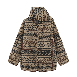 CUBIC复古费尔岛摇粒绒花纹保暖舒适圆领围脖羊羔绒外套EC6021