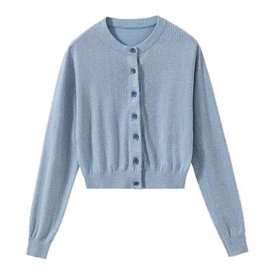 现货【满天星】及致细节感 重工满版烫钻圆领短款针织开衫上衣女