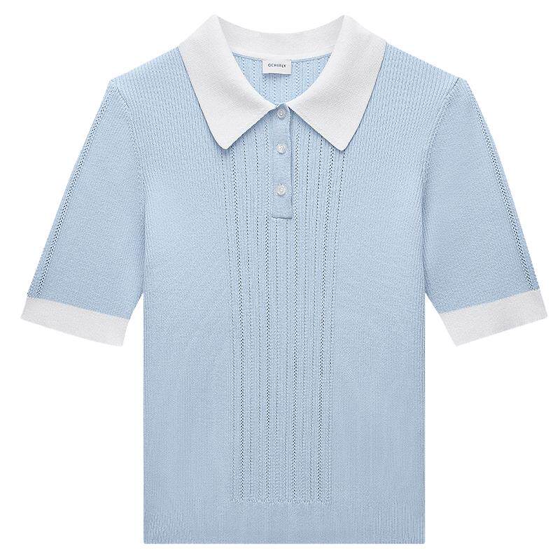 OCHIRLY欧时力 冰爽丝氧气衫短袖针织衫女polo衫撞色夏新