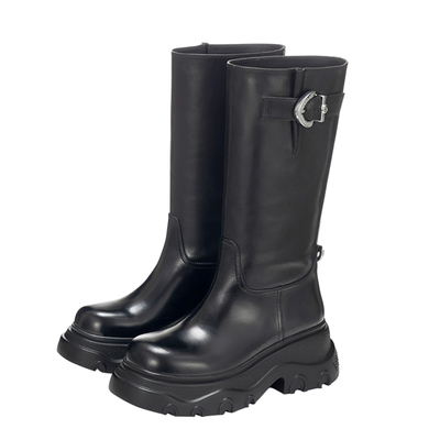 薇薇燃牛皮金属扣骑士靴