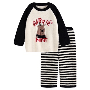 条纹熊珊瑚绒睡衣女秋冬天2025新款高级感半边绒家居服可外穿套装