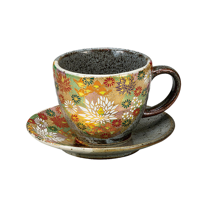 日本进口九谷烧金色花海咖啡杯碟套装高档日式复古风陶瓷茶杯茶具