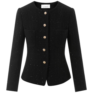 LANCY/朗姿2025秋季新款黑色绵羊毛小香风外套女亮丝精致短款上衣