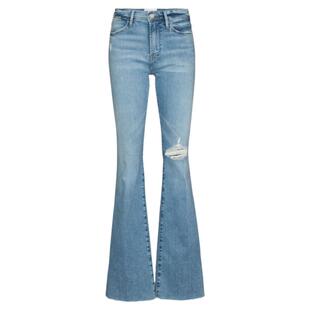 春季新款 Frame Denim浅蓝色高腰破洞毛边休闲显瘦微喇叭牛仔长裤