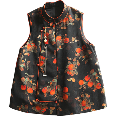 真丝香云纱棉衣中式黑色马甲秋冬