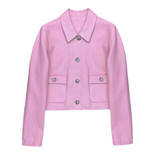 茉萱头层绵羊皮真皮外套短款2025小个子粉色皮衣女翻领时尚皮夹克