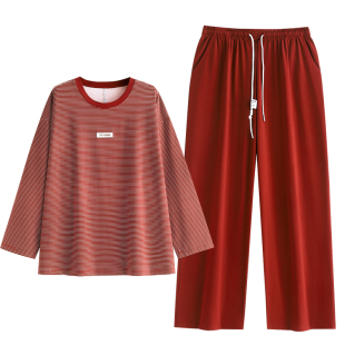 悦内带胸垫睡衣女款春秋季秋天纯棉长袖家居服休闲运动可外穿红色